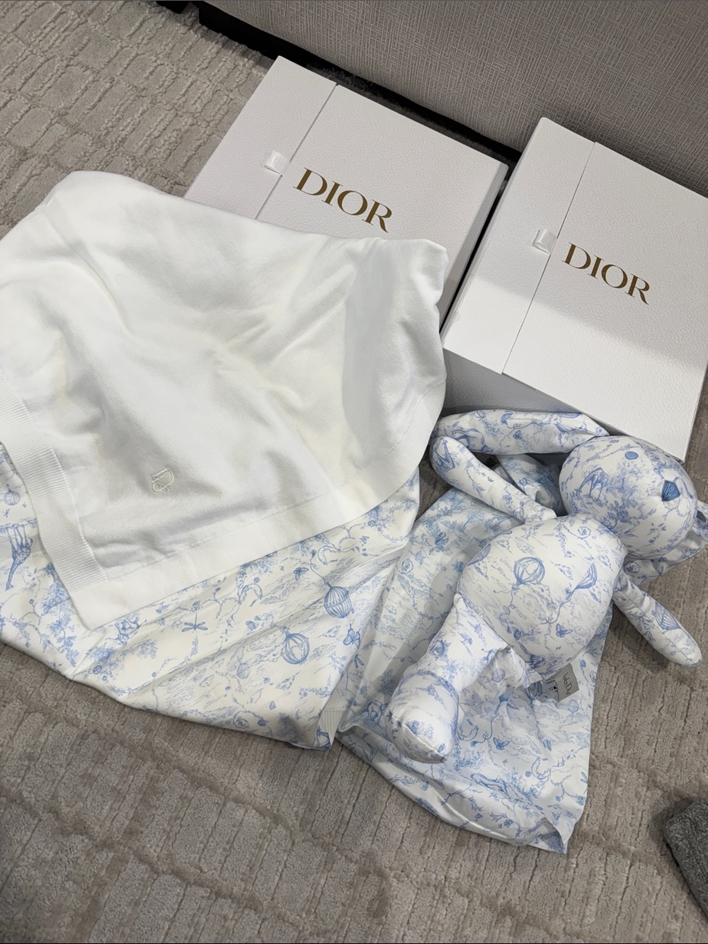 Dior White and Light Blue Baby Blanket with Plush Bunny